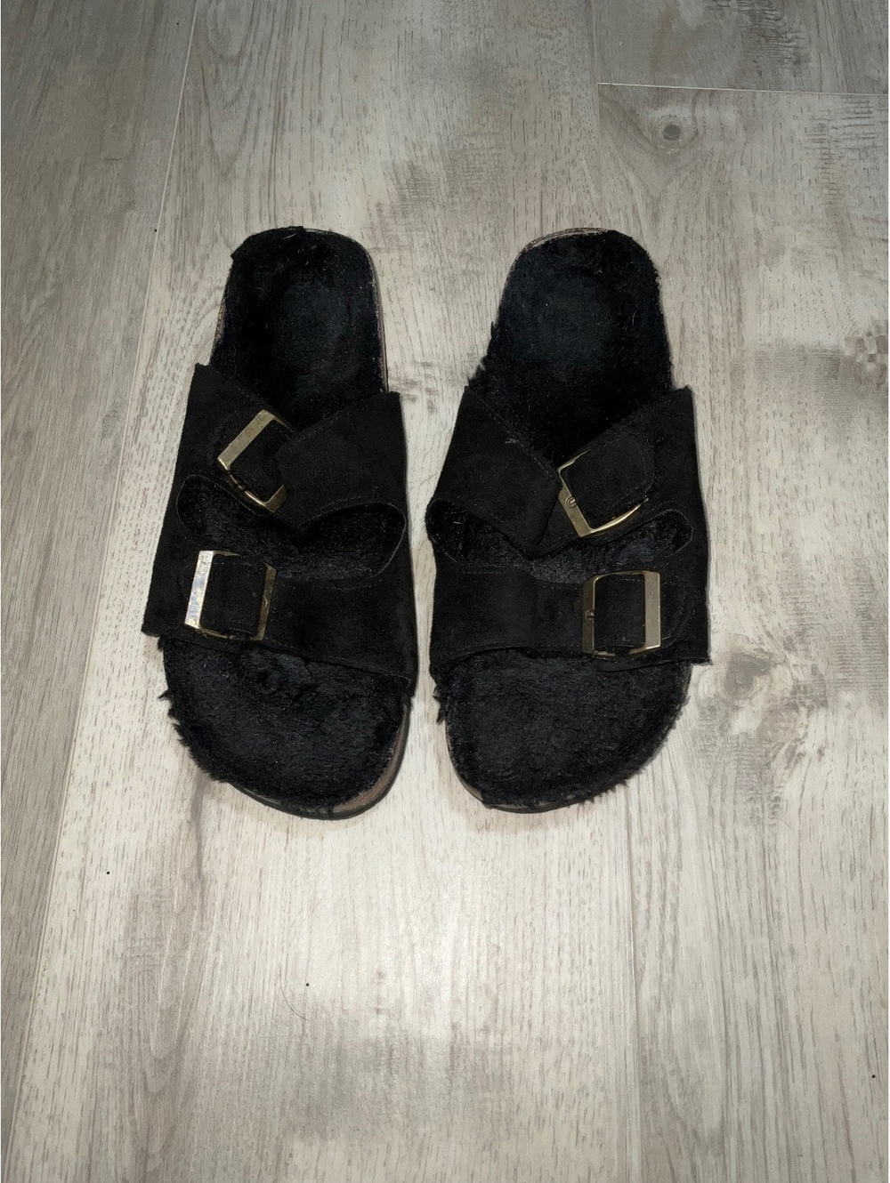 Black Faux Fur Buckle Slide Sandals 9 1/2